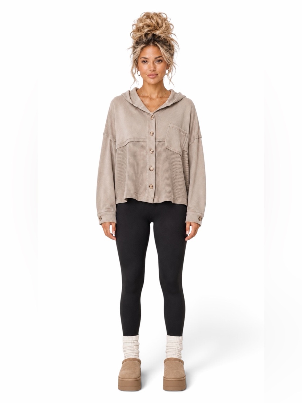 Better / Together – Hooded Waffle Knit Button Front Shacket – Taupe – Sz. L